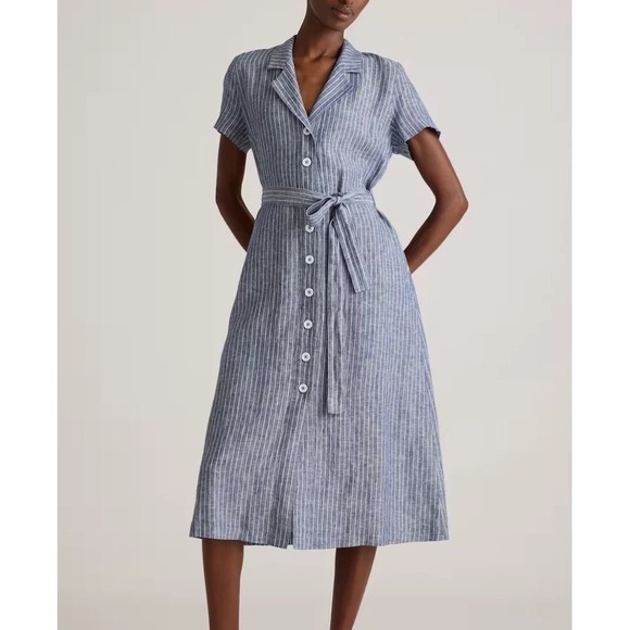 Quince Dresses & Skirts - Quince Dress Womens Small Blue Striped Linen Button Collared Belted Midi Shirt
